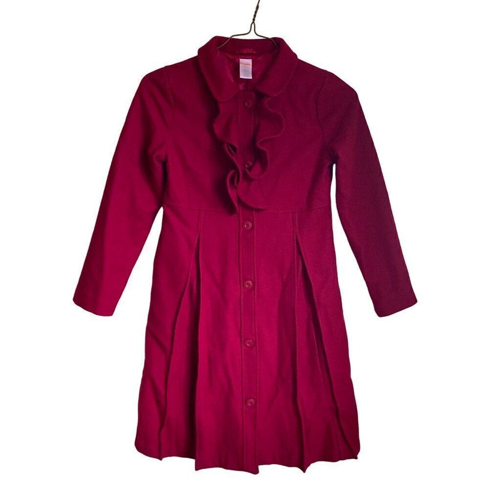 Gymboree Girls Coat Long Sleeve Ruffled Front Burgundy Wool Blend L 10-12